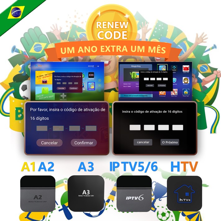 A3 IPTV6 IPTV 6 Brazil Brasil TV Box Renewal Code Activation Code IPTV 5 6 Subscription 16-Digit Renew Code for One Year
